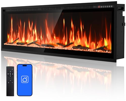 60” Smart Electric Fireplace with Voice Control, Realistic Flame, Crackling