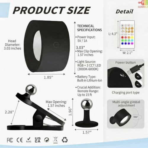 Image of Rechargeable Magnetic LED Wall Light with Clip on Base 360 Rotation RGB and 3 Color Temperatures Dimmable Touch Control Cordless Reading Lamp for Bedside Study and Wall Decor