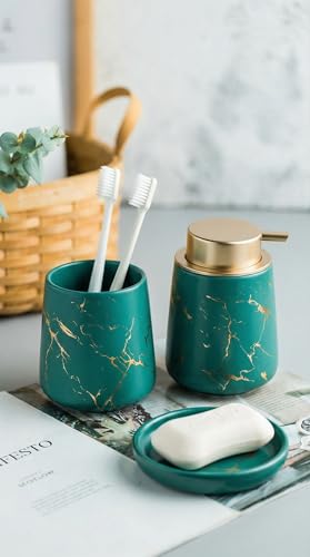 Image of Ceramic Bath Accessories Set of 3 (Luxe Green) - 400ml Soap Dispenser, Tumbler & Soap Dish, Green with Gold Marble Design, Bathroom Countertop Organizer for washbasin
