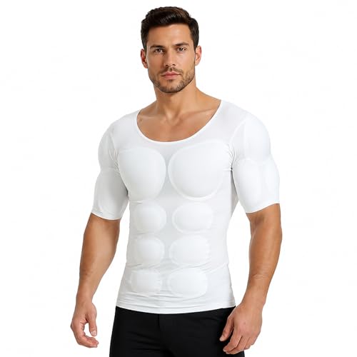 TXULYDD Muscle Shirts for Men Fake Abs Muscle Suit Mens Compression Muscles T-Shirts for Weddings Parties Daily Wear White XL