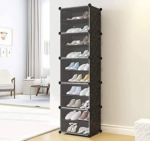 Image of AYSIS ๐๐ ๐๐ก๐๐ฅ๐ Plastic Shoe Rack for Home with 5 Transparent Magnetic Doors, 5 Hook Holder & Wooden Hammer, Shoes Stand Cabinet for Home Storage Organizer, Space Saving Footwear Stand - Black