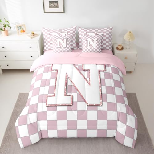 Image of Erosebridal Pink Initial N Queen Bedding Set 7 Piece Kawaii Plaid Checkered Bed in A Bag with Sheets Cute Personalized Monogram Comforter Set for Kids Girls Teen Women,Fashion Grids Gingham Bed Sets