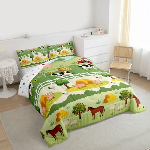 Image of Feelyou Kids Cartoon Farm Animals Comforter Set Girls Boys Cute Pig Cow All Season Down Comforter Kawaii Horse Chicken Duck Bedding Set Room Decor Funny Farm Nursery Quilt King Size 3Pcs Boys