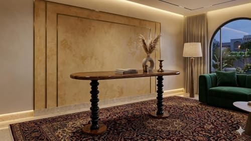 Image of Solid Sheesham Wood Console Table for Living Room | Entryway Hallway Sofa & Fish Tank Table | Oval Top with Turned Spindle Legs | Wooden Accent Furniture | Light Walnut Finish