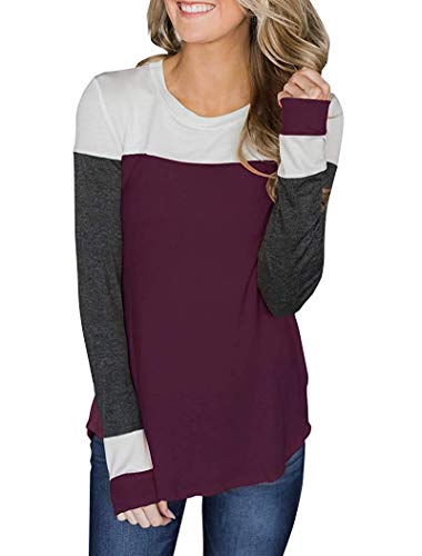 Tobrief Women's Color Block Patchwork Tunic Tops Casual Long Sleeve Shirts S-XXL (L, 03 Wine Red)