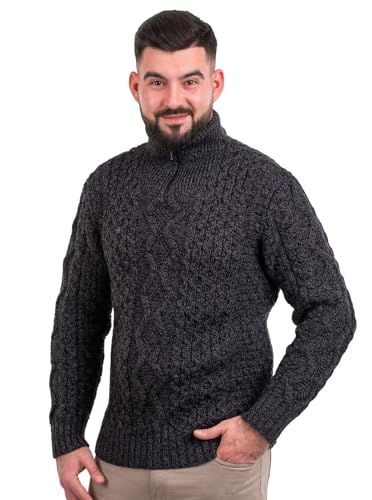 SAOL Men’s Aran Zip Neck Sweater – 100% Wool Fisherman Knit Pullover – Made in Ireland