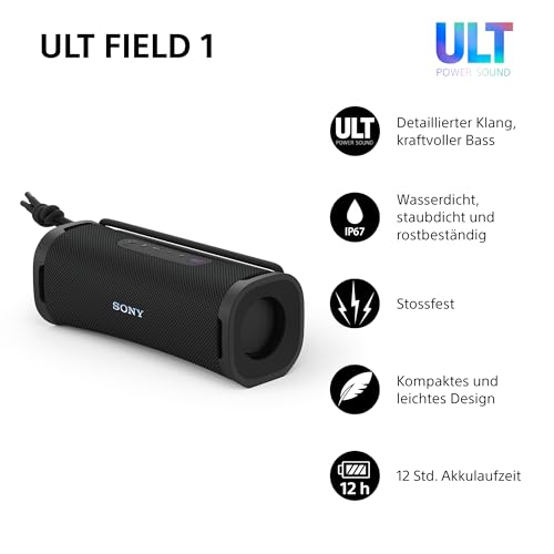 Sony ULT Field 1 - Kabelloser tragbarer Bluetooth-Lautsprecher mit ULT Power Sound, kraftvollem Bass, IP67, wasserdicht, staubdicht, stoßfest, 12h Akku, klare Gesprächsqualität, Outdoor- Schwarz