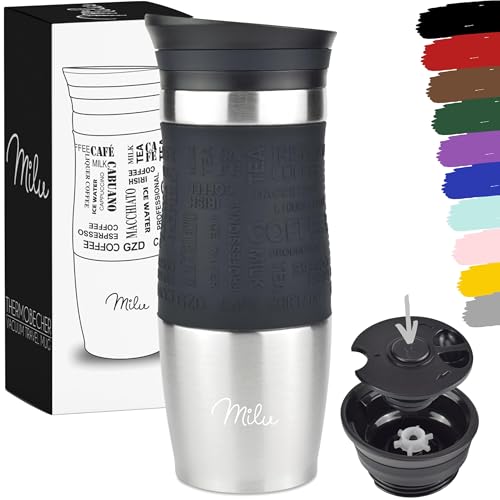 Milu Thermobecher Kaffee to go 370ml, 450ml Isolierbecher Kaffeebecher - 100% Auslaufsicher - Trinkbecher aus Edelstahl - Autobecher doppelwand Isolierung - Travel Mug (Schwarz, 370ml)