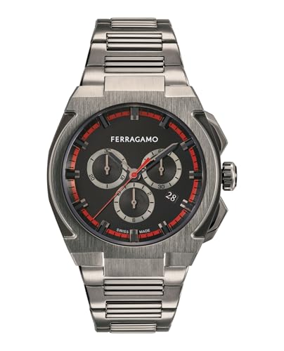Ferragamo Ferragamo Supreme Chrono Collection Luxury Mens Watch Timepieces with a Grey Bracelet Featuring a Gun Case and a Black Dial