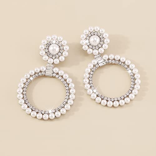 Chargances Boho Baroque Round Pearl Hoop Dangle Earrings Dainty Sparkling Crystal Circle Drop Dangle Earrings Fashion Stud Earrings For Women And Girls Gift Party (Silver) #TOP3