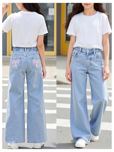 Girl's Graphic Baggy Jeans Y2k Ripped Straight Leg Denim Pants with Pockets2