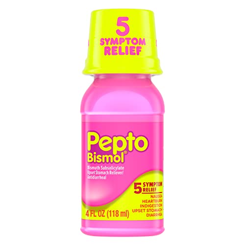 Pepto Bismol Liquid, Upset Stomach Relief, Nausea Relief, Heartburn Relief, Indigestion Relief, Anti Diarrhea Medication for Adults - 5 Symptom Fast Relief, 4 oz (Packaging May Vary)