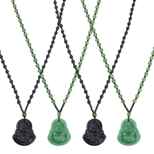 CRAFTYMELODY 4Pcs 2 Colors Glass Buddha Pendant Necklaces Buddhism Maitreya Laughing Buddha Beaded Rope Chain Chinese Traditional Amulet Talisman Lucky Jewelry Gift for Women Men Black Green