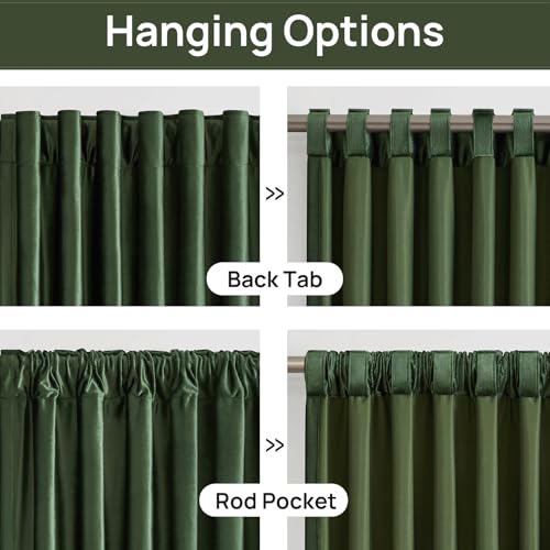 Image of PRIMROSE Emerald Olive Green Velvet Curtains 63 inch Long for Living Room,Set of 2 Panels Blackout Rod Pocket Back Tab Window Treatment Room Darkening Heavy Decorative Curtains Drapes for Bedroom