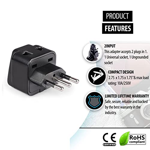 Image of Orei India to Italy, Libya, Chile & More (Type L) Travel USB Adapter Plug - 2 in 1 - Ce Certified - Rohs Compliant -Black Color (Db12A-Blk)