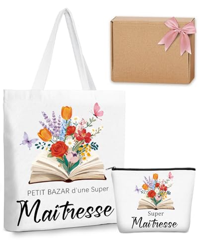 Cadeau Maitresse d'École Fin d'Année, Tote Bag Maitresse mit Trousse und Geschenkbox mit Schleife, Super Maîtresse, Personnalisé Cadeau Atsem d'École pour...