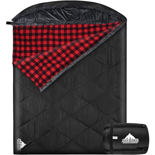 AGEMORE Saco de Dormir Doble de Franela de algodón con Capucha con Forro Polar, Impermeable, tamaño Queen, para 2 Personas, para Adultos, Clima frío, Camping, mochilero o Senderismo, 3-4 Estaciones