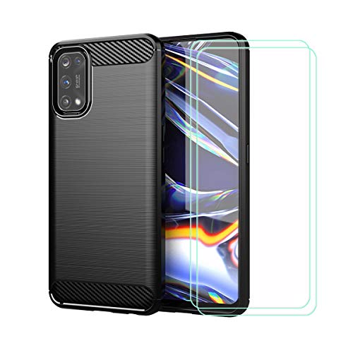 FZZ Case for Oppo Realme 7 Pro + [2 Pack] Screen Protector Tempered Glass Protective Film,Black Carbon Fiber Shell Soft Silicone TPU Phone Case Cover for Oppo Realme 7 Pro (6.4
