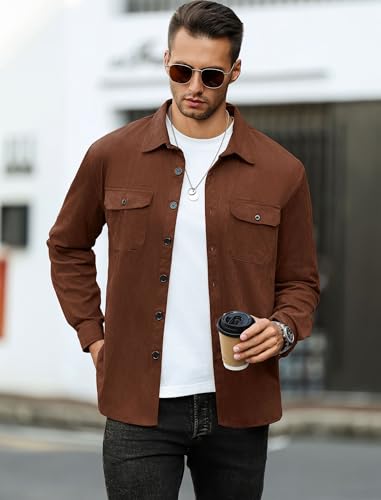 Image of ZAFUL Men's Faux Suede Button Down Shirts Jacket Lightweight Shirt Jacket Long Sleeve Work Coat Solid Color Overshirt
