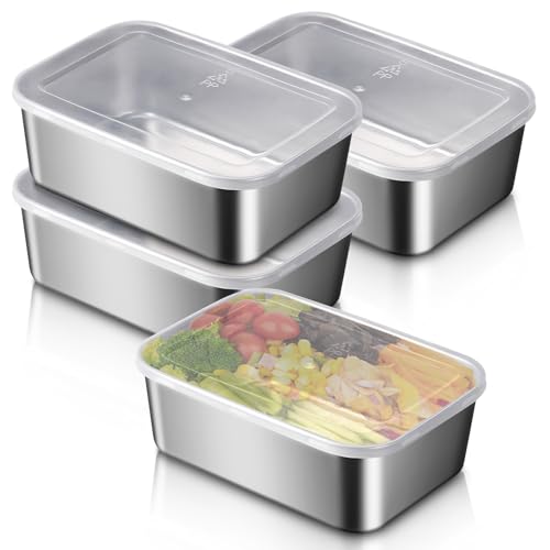 WakiHong 4pcs Stainless Steel Food Containers Stainless Steel Containers With Lids Meal Prep Container,for Lunch,Leftovers,Freezer Safe (1100 ml)