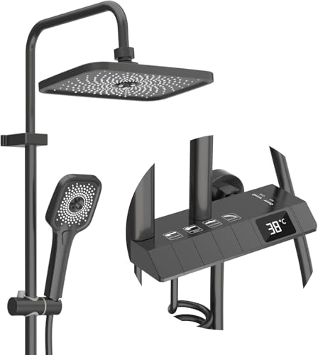 LADOKEE Colonne de Douche Gris, Ensemble de Colonne avec Affichage LED 4 Fonctions, Réglable en Hauteur, Douchette à Main avec 3 Modes de Douche, Robinets...