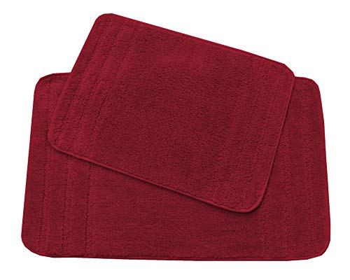 All American Collection Rectangular Non Slip Plush Shaggy Water Absorbent Accent Rug Bathroom Bathtub Microfiber 2 PC Bath Mat Set (Burgundy)