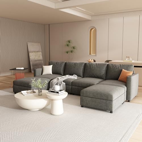 Image of QHITTY Convertible U Shaped Modular Sofa with Cup Holder, Sectional Couch with Storage Space, Living Room Sofa Bed- Grey