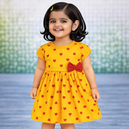 Image of babeezworld Kids Girl Heart Print Frock Dress with Bow | Cute Short Sleeve Summer Dress for Baby Girls Casual Party Outfit (1-5 Years)