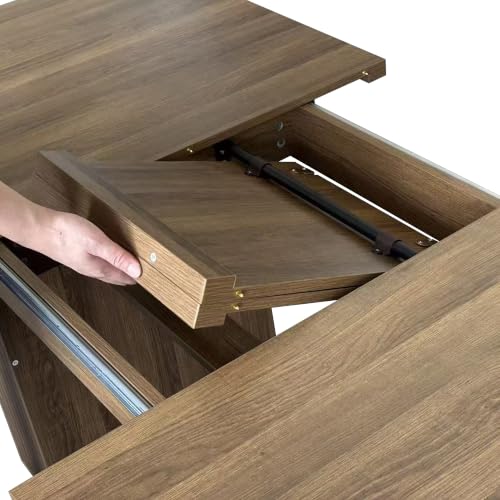Image of Extendable Dining Table with Hidden Butterfly Leaf & Fluted Storage Legs | 63 inch-78.74 inch Wooden Expandable Table, Modern Farmhouse, Seats 4-8 People, Space Saving for Apartment Kitchen Living Room, Brown