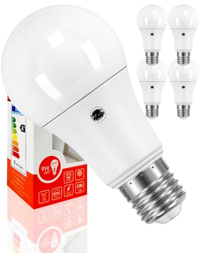 Bratek 4 Lampadine Crepuscolari a Doppio Sensore da Esterno E27 LED A60 9W 6500k - Lampade Crepuscolare da Esterno Luce Fredda da 820 Lumen Equivalenti Lampadine 60W a Incandescenza o 45W Alogene