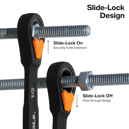 Image of KLEIN TOOLS 69508 SAE Ratcheting Combination Wrench Set, 8-Piece, Slide-Lock 90-Tooth Ratchet, I-Beam Handle, Color-Coded Size Markings, Roll Pouch Storage