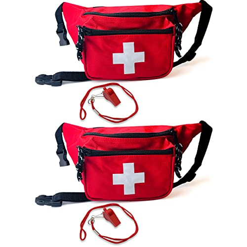ASA TECHMED 2 Pack Lifeguard Fanny Pack With Whistle Lanyard - Baywatch Style First Aid Hip Pack w/Adjustable Strap, Cross Logo + Zipper Pouch, Emergency Equipment Set