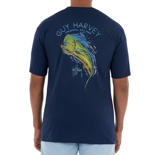Guy Harvey Men's Scribble Mahi Short Sleeve Crew Neck T-Shirt, Estate Blue/Mahi, X-Large
