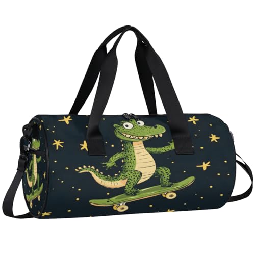 Skateboarding Dinosaurs Round Barrel Sports Fitness Bag, Travel Luggage Bag, Reusable Handbag, Suitable For Men and Women