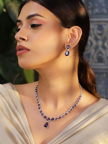 Image of Rubans Necklace Set Rhodium Plated Crystal Studded Jewellery Gift for Women & Girls