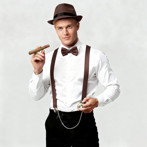Image of BABEYOND 1920s Mens Gatsby Gangster Accessories Set Panama Hat Suspender Bow Tie