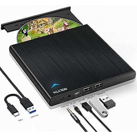 NOLYTH External CD Drive for Laptop, Slim CD Burner for Mac with 1 Audio 2 USB Ports, USB DVD Drive External Optical Disk Reader Player for PC Windows Desktop Cover
