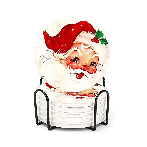 LOKMU Coasters for Drinks,Round Absorbent Ceramic Stone Coaster Sets of 6 with Metal Holder Stand,Vintage Santa Claus Coasters with Cork Base for Coffee Wooden Table,Housewarming Gifts,Christmas