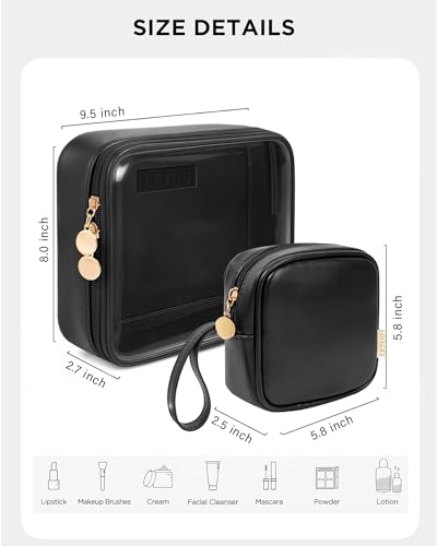 Image of LETGO TSA Approved Toiletry Bag, Clear Makeup Bags with Small Makeup Bags for Purse, Quart Size PVC Cosmetic Bags for Women and Men (No Handle-Black, Large+Mini)