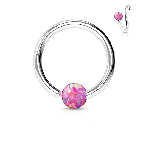 Amelia Fashion 16GA Never Lose a Ball Again! One Side Fixed Opal Ball Ring Annealed 316L Surgical Steel (Choose Color) (Opal Pink)