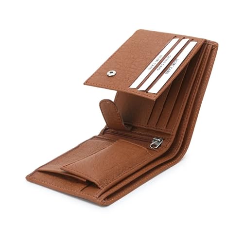Image of VEMILIO Vegan Leather Wallet for Men with ID Window, Coin Pocket, Zipper Pocket & Multiple Card Slots | Bi-Fold Gents Purse with Currency Compartments | Slim Stylish Men's Wallet (Tan)