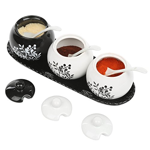 Set of 3 Black & White Ceramic Floral Tree Motif 7-oz Spice Jars