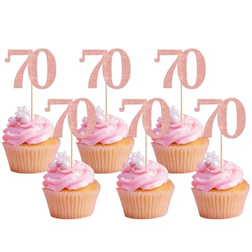 Rsstarxi 36 Pack Number 70 Cupcake Toppers Glitter Cheers to 70 Years Birthday Cupcake Picks Decoration for Happy 70th Birthday Wedding Anniversary Party Cake Decorations Rose Gold