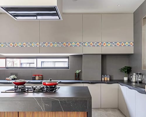 Image of WallDesign Turkish Mosaic Stone Self-Adhesive Tile Border - 4 Inch x 10 Feet, Glossy Vinyl Roll for Kitchen Backsplash, Bathroom, Cabinet, Door, Furniture & DIY Decor