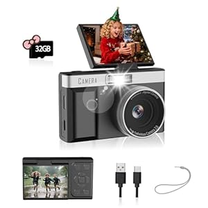Digitalkamera mit 180° Klappdisplay, 32GB Speicherkarte, 1080P HD Kompaktkamera, Integrierte Lernspiele, Ideal für Digitalkamera Kinder, Jungen, Mädchen(Schwarz)