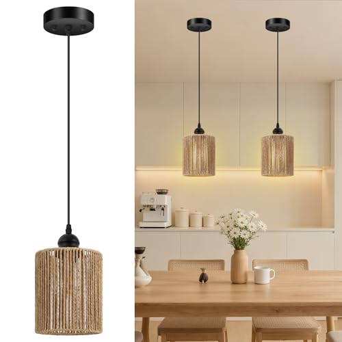 BoostArea 2 Pack Rattan Pendant Lights Kitchen Island, Farmhouse Chandelier