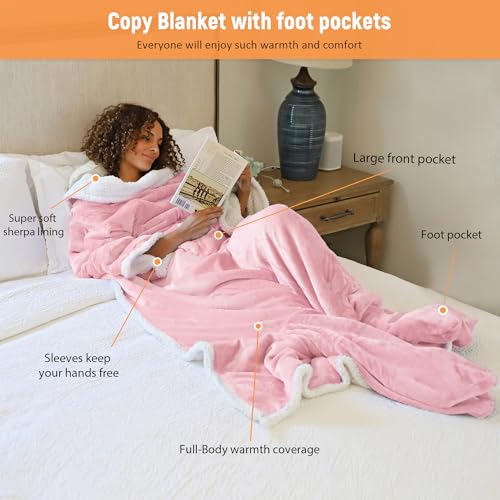 Image of Catalonia Sherpa Wearable Blanket with Sleeves & Foot Pocket for Adults