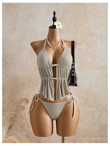 Image of RoseSeek Women's 2 Piece Boho Polka Dots Beaded Bikini Sets Sexy Swimsuits | Halter Swimsuits, Backless, Textured, Tie Side, Tankini Set, Bathing Suits, Summer, Vacation
