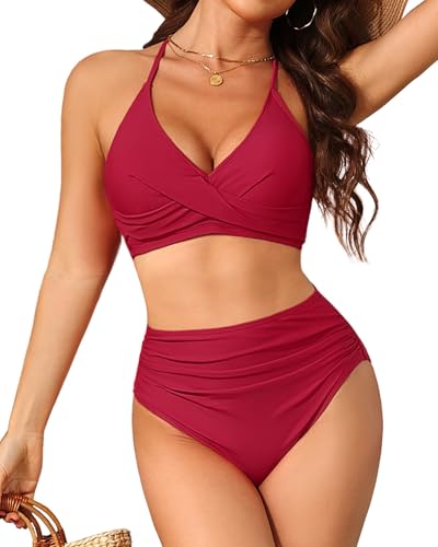 Yonique Women Two Piece High Waisted Bikini Set Halter Swimsuit Twist Front Bathing Suit with Tummy Control Bottoms