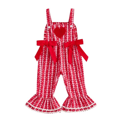 Image of Adobabirl Toddler Baby Girl Valentines Day Outfit Overalls Love Heart Embroidery Romper Flare Pants Bell Bottom Jumpsuit